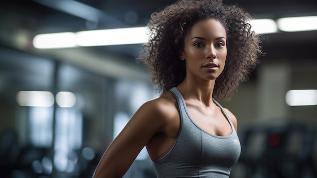 portrait of a curly hair woman in a gym