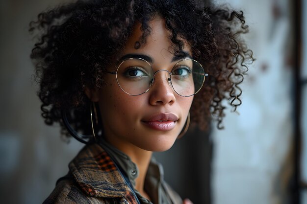 Portrait of Curly Haired Business Woman Wearing Glasses