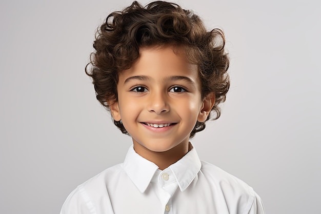 Portrait of Curly Haired Little Boy Wearing White Shirt with Happy Expression AI Generative