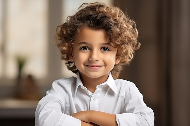 Portrait of Curly Haired Little Boy Wearing White Shirt with Smiling Expression AI Generative