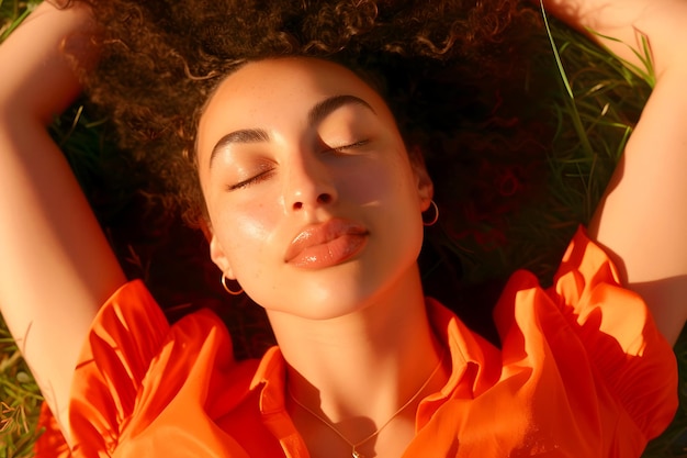 Photo portrait of curlyhaired african american woman lying on grass with eyes closed at sunset