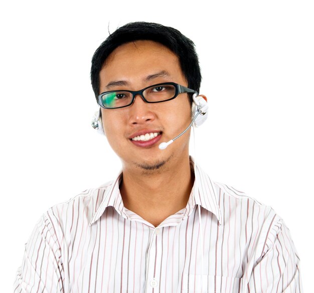 Portrait of customer service representative against white background