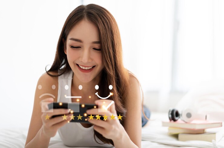 Photo 顧客の女性の肖像はスマートフォンを使用し、フィードバックアイコン満足度調査と最高のサービスで顧客サービスを提供します優れた評価5つ星の満足度と顧客サービスの概念