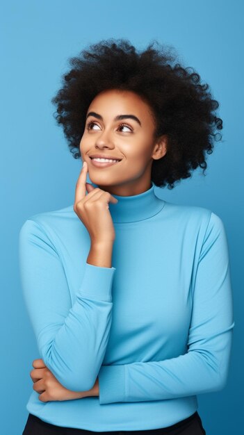 Portrait of cute African American lady thinking about her inspiration touch chin looking mockup choo