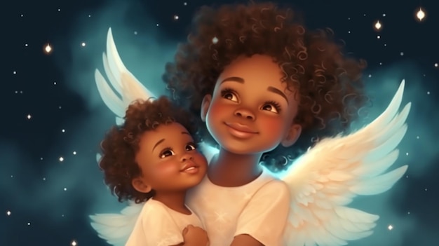 Portrait of cute African American little angel with angel wings on the background of night sky