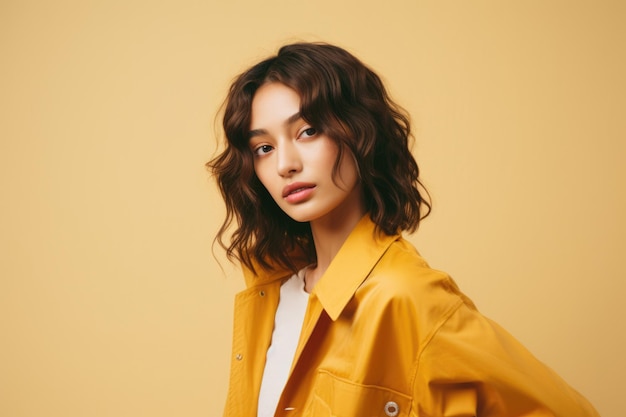 Portrait of cute asian brunette in yellow jacket on yellow background