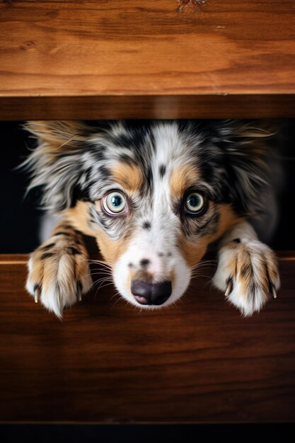 Photo portrait of a cute australian shepherd puppy peaking out