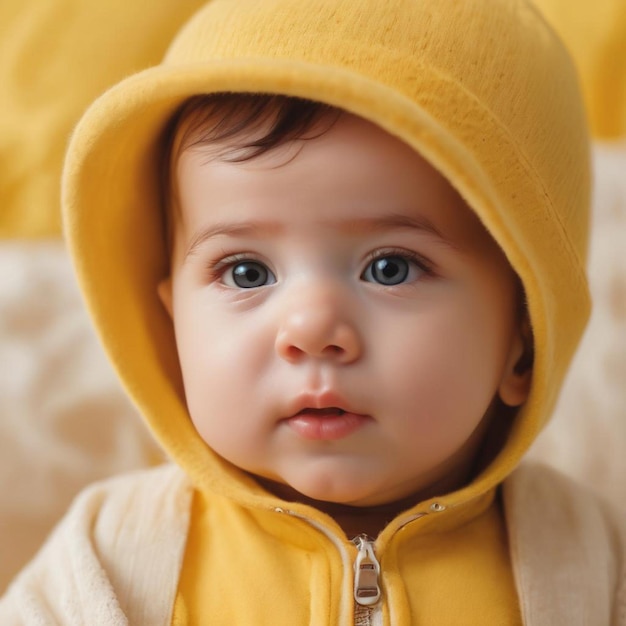 Portrait of a cute baby boy in a yellow hoodie