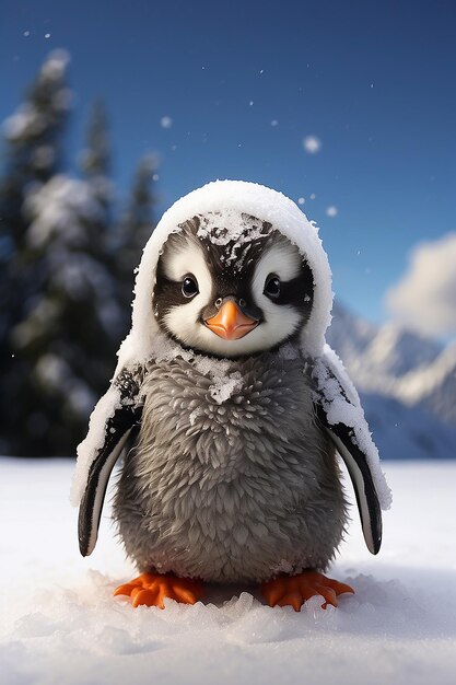 Photo a portrait of a cute baby gentoo penguin during the snowfall in antarctica with a blurry background