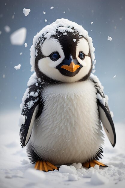 A portrait of a cute baby Gentoo penguin during the snowfall in Antarctica with a blurry background