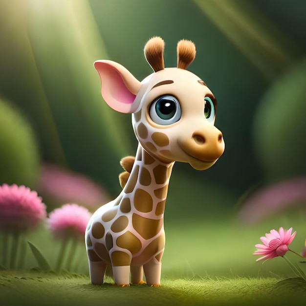 portrait of cute baby giraffe with big reflective eyes in a garden