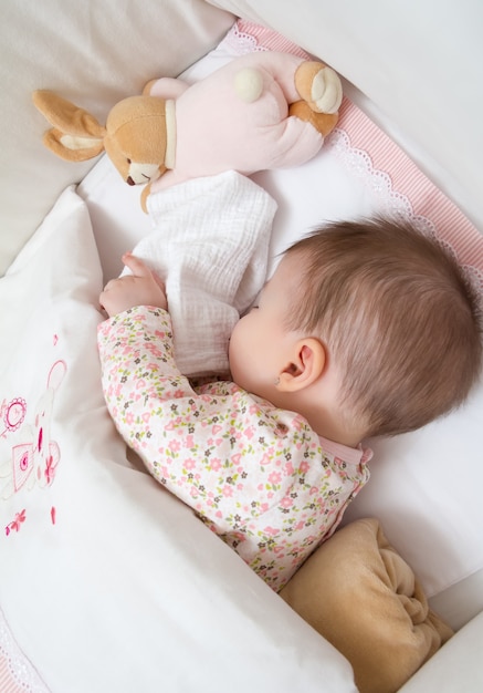 Portrait of cute baby girl sleeping in a cot with pacifier and stuffed toy