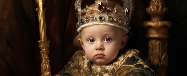 Photo portrait of a cute baby in a golden crown selective focus