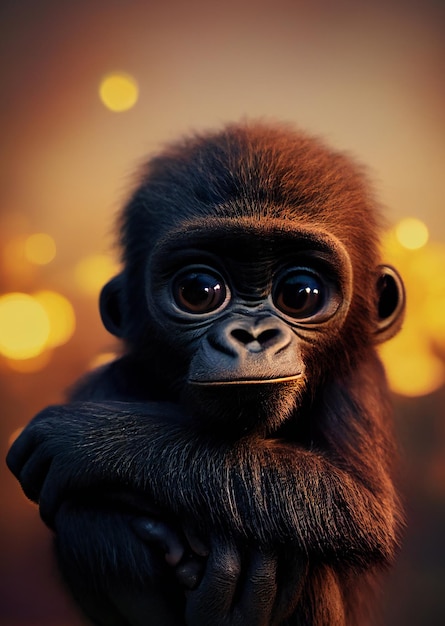 Portrait of cute baby gorilla in cartoon style with depth of field effects