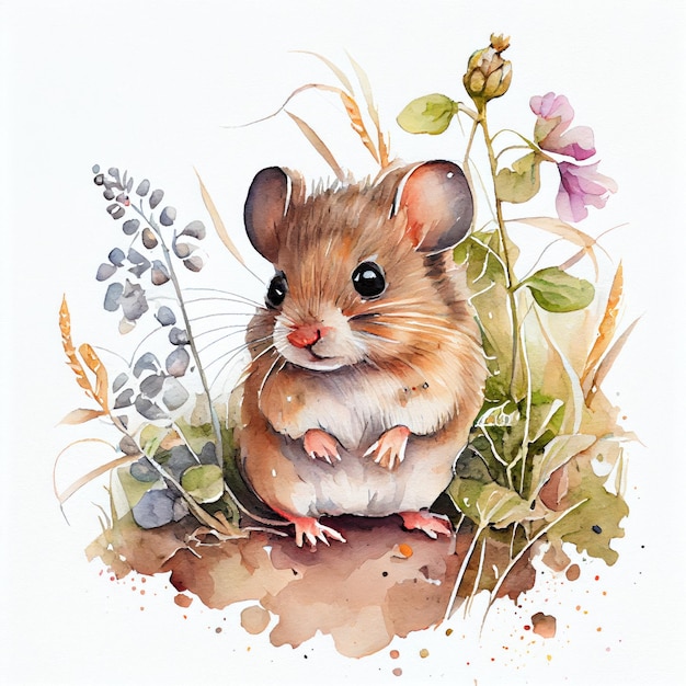 Portrait of a cute baby mouse watercolor illustration