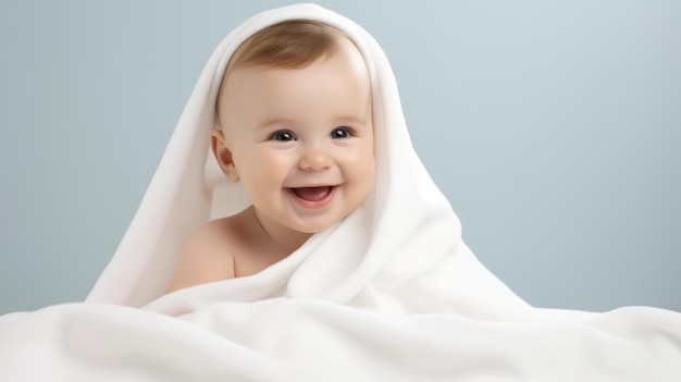 Portrait of a cute baby wrapped in a white blanket on a gray background Generative AI