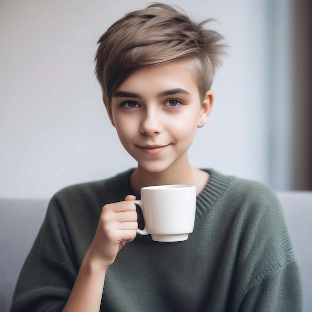 Portrait of cute beautiful young girl with short haircut and trendy boyish clothes drinking cup of c