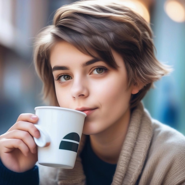 Portrait of cute beautiful young girl with short haircut and trendy boyish clothes drinking cup of c