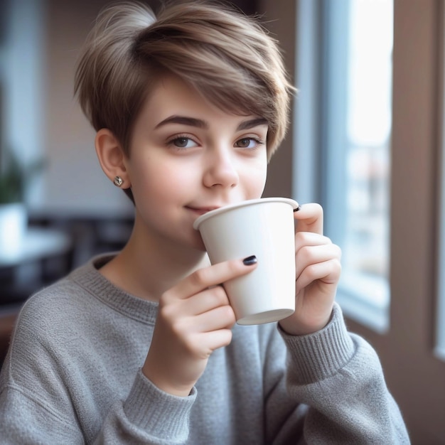 Portrait of cute beautiful young girl with short haircut and trendy boyish clothes drinking cup of c