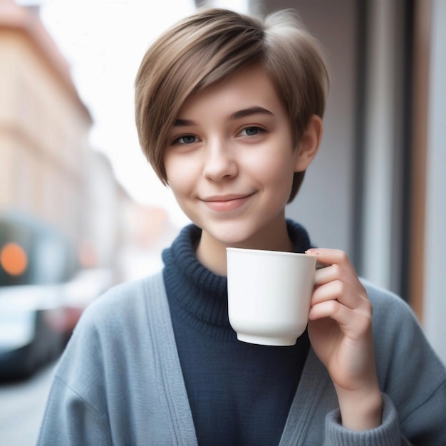 Portrait of cute beautiful young girl with short haircut and trendy boyish clothes drinking cup of c