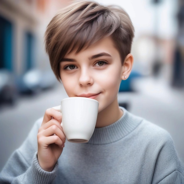 Portrait of cute beautiful young girl with short haircut and trendy boyish clothes drinking cup of c