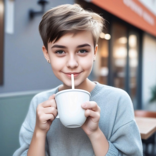 Portrait of cute beautiful young girl with short haircut and trendy boyish clothes drinking cup of c