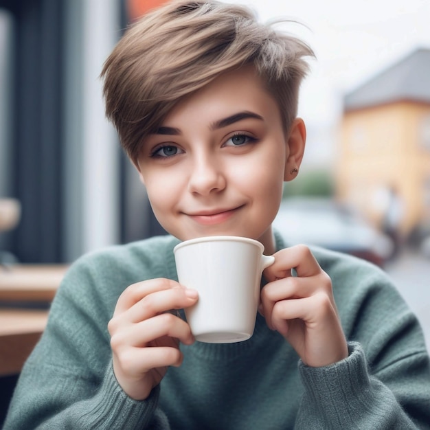 短いヘアカットとトレンディな男の子の服を着た可愛い美しい若い女の子の肖像画