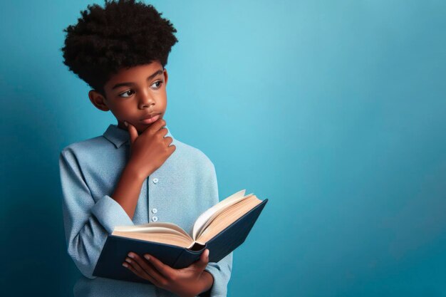 Photo portrait of cute black boy student thinking and holding big book ai generative