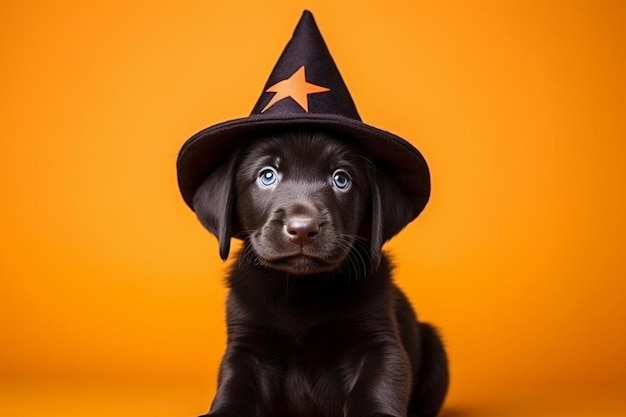 Portrait of a cute black labrador retriever puppy wearing a witch hat for halloween going for trick