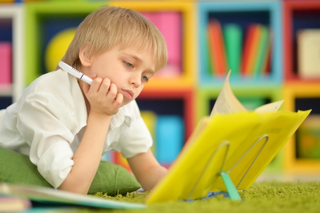 Portrait of a cute boy doing homework