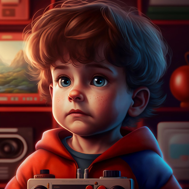 생성 인공 지능을 사용하여 만든 게임을 하는 귀여운 소년의 초상화
