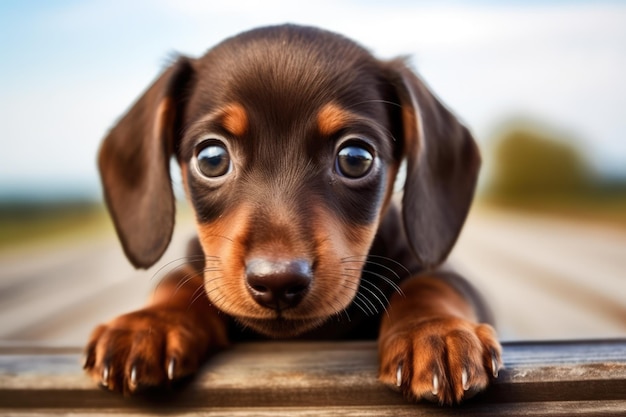 Photo portrait of cute brown dachshund puppy in nature created using generative ai technology