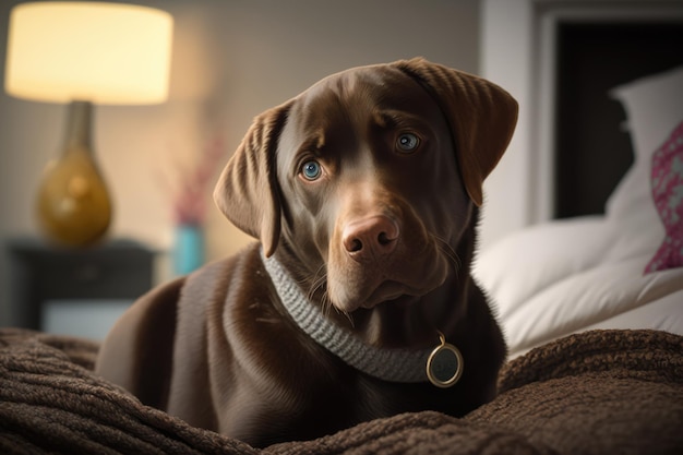Portrait of cute brown dog on bed created using generative ai technology