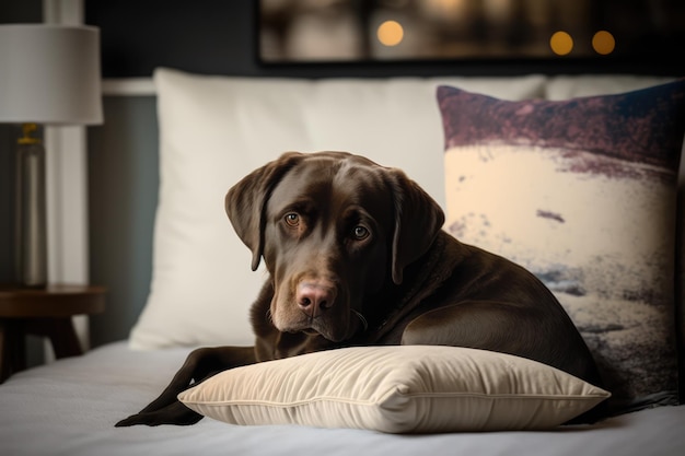 Portrait of cute brown dog on bed created using generative ai technology