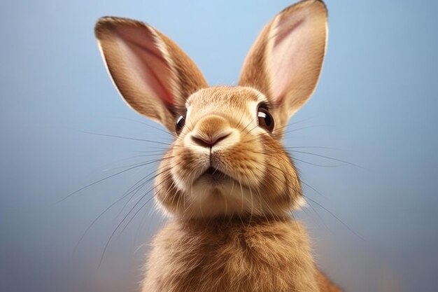 Portrait of a cute brown rabbit on a blue background closeup