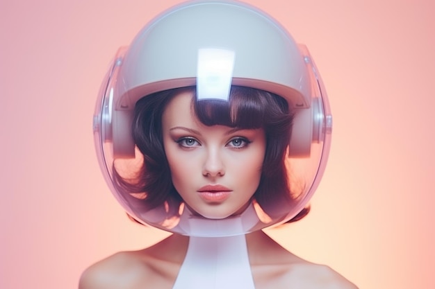 Portrait of a cute brunette wearing a futuristic blue helmet on a pink pastel background