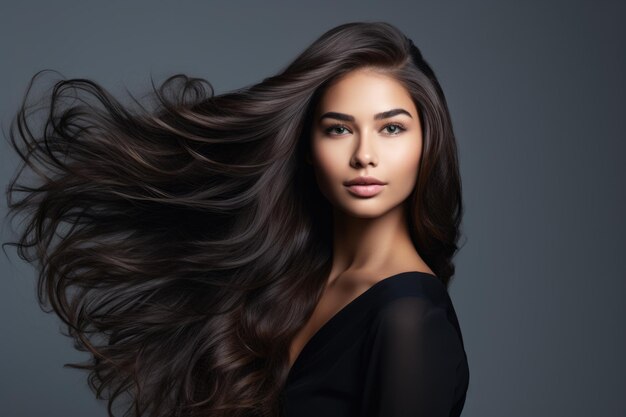 Photo portrait of cute brunette with gorgeous long hair on gray background