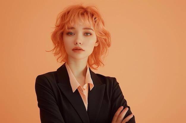 Portrait of cute business girl in peach fuzz tone