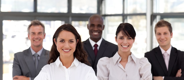 Photo portrait of cute business people looking at the camera