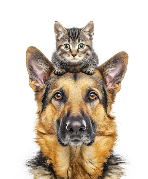 Portrait of a cute cat on the adorable pet dog Concept of national pet day