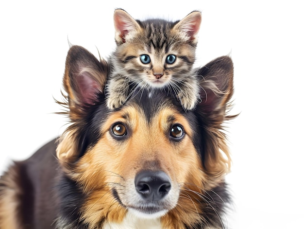 Portrait of a cute cat on the adorable pet dog Concept of national pet day