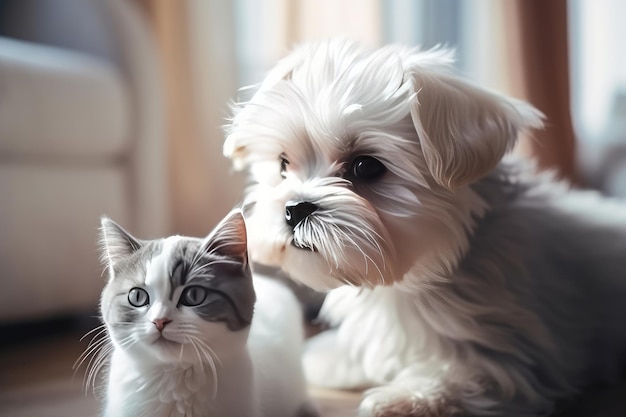 Portrait of a cute cat on adorable puppy AI generated image