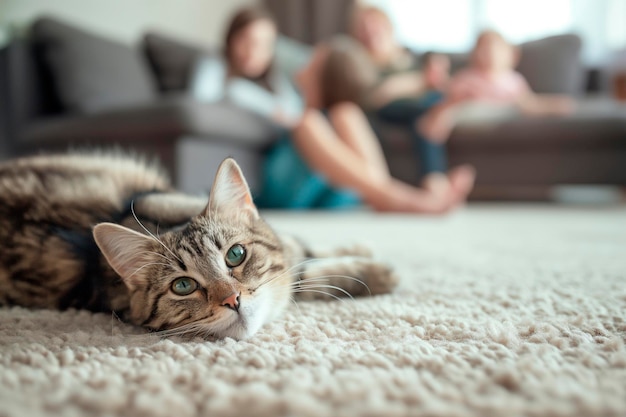 Foto ritratto di un gatto carino sdraiato sul pavimento sullo sfondo sfocato di una famiglia di quattro persone che si riposano a casa