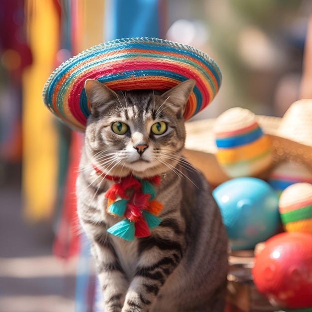 Ritratto di un simpatico gatto con un cappello multicolore cartolina di viaggio in america latina contenuti generati dall'intelligenza artificiale