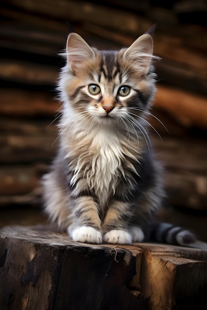 Portrait Of Cute Cat Sitting On Plank