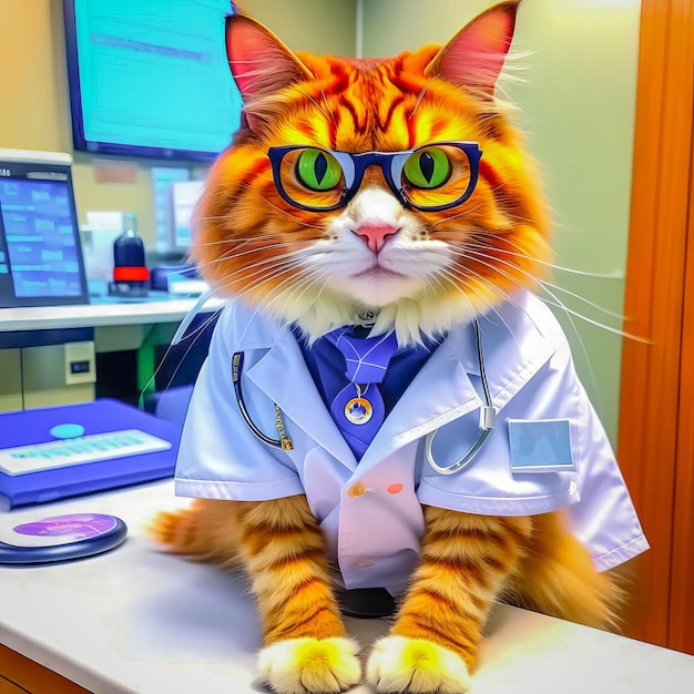 Portrait of a cute cat in a stethoscope in medical clothes a cat doctor in a veterinary clinic cat veterinarian