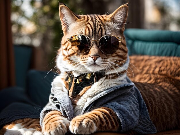 A portrait of a cute cat wearing sunglasses