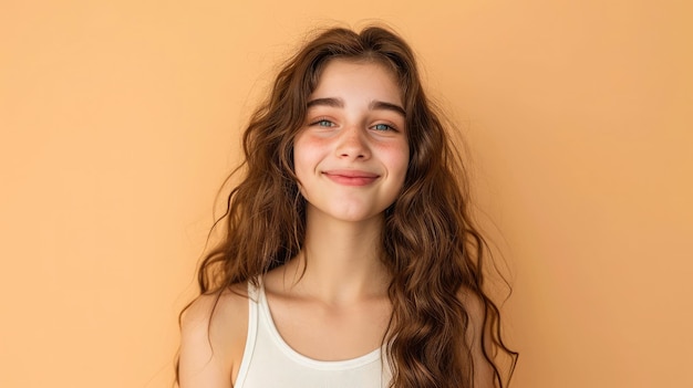 Portrait of cute charming nice pretty teen teenager look hairstyle hair feel glad attractive lovely wear white lightcolored top singlet isolated pastel beige background