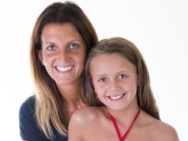 Portrait of cute cheerful happy mother and daughter isolated 