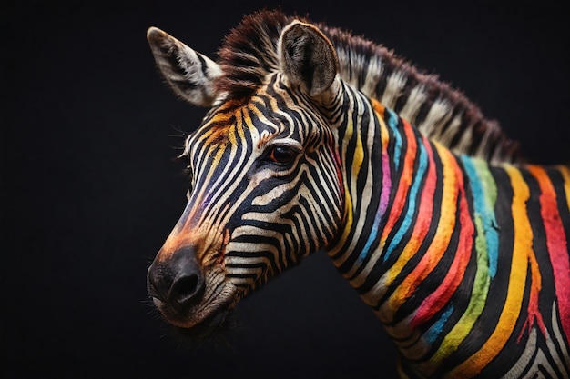 Portrait of a cute cheerful zebra with multicolored stripes on the body on a dark background